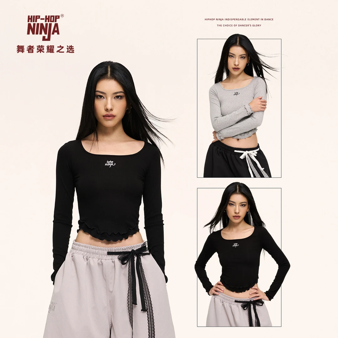 HIPHOP NINJA街舞复古波浪长袖T恤女修身大圆领爵士舞上衣jazz