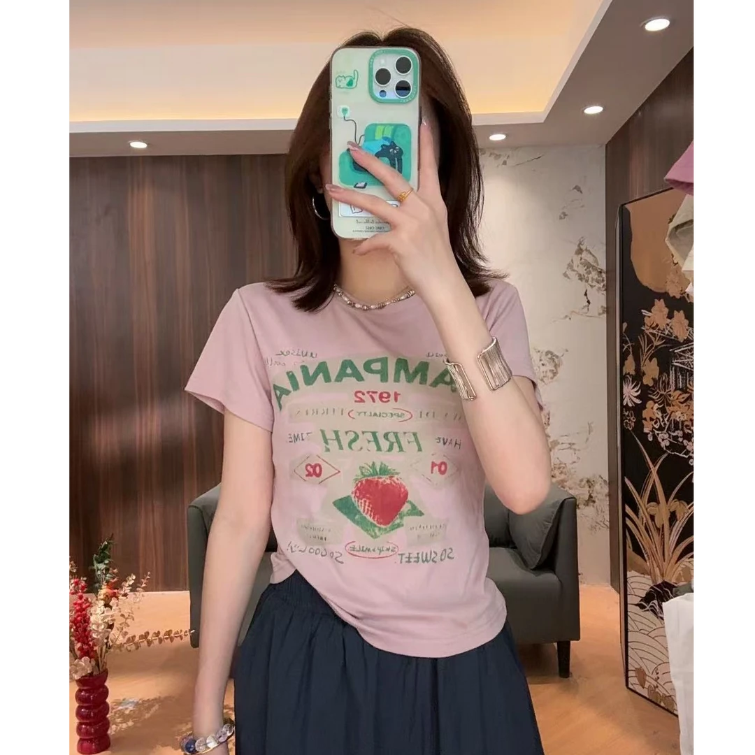 【LIbaibai】春夏2025年新款草莓短袖T恤上衣BB-1640清