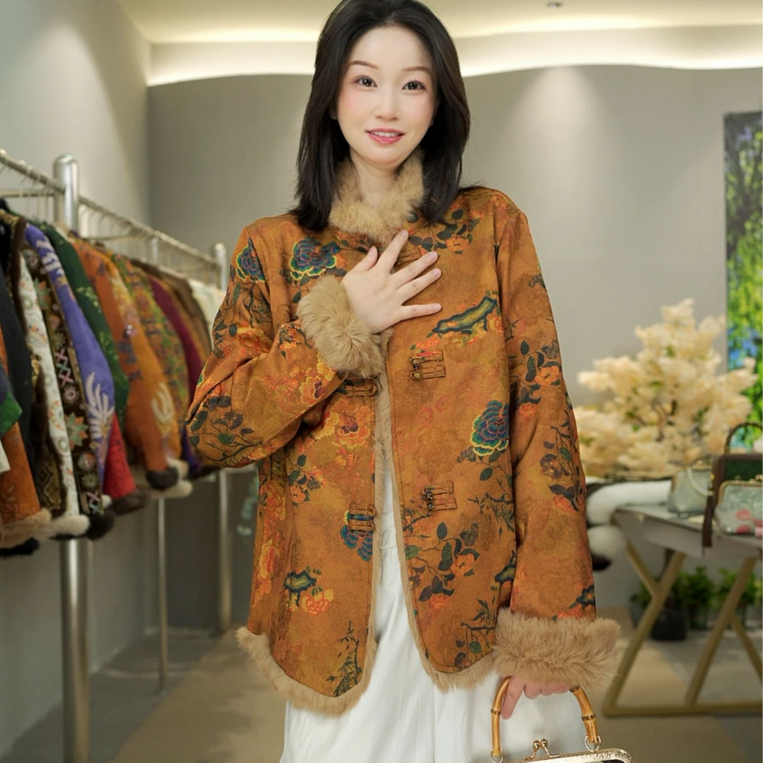 沐芸【金枝玉叶】100真兔毛双面穿外套~新中式高级气质外套女-50210