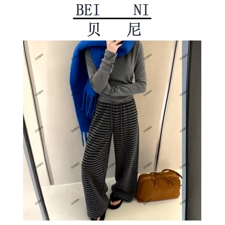 春2025新款宽松百搭休闲条纹阔腿休闲裤女直筒长裤8578#