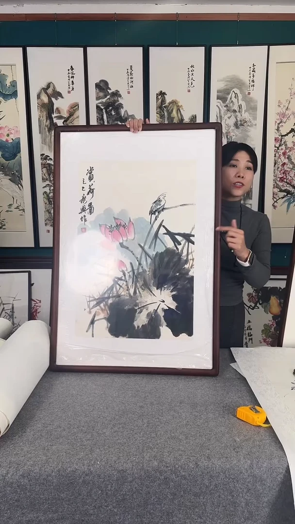 国画荷花实木装裱60*90