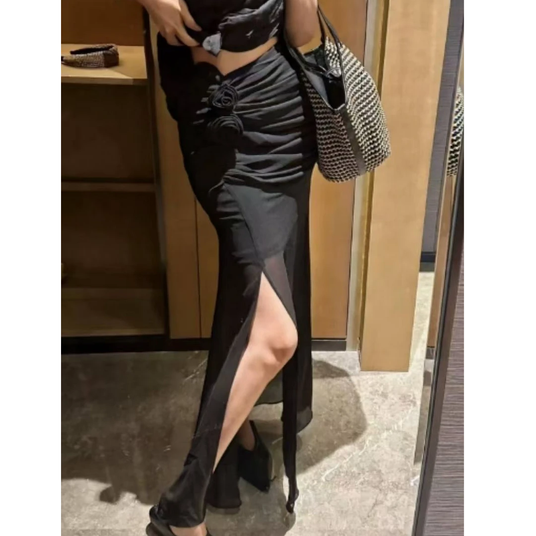 【晨浠定制】新款时尚轻奢褶皱显瘦侧开叉网纱半身裙6602