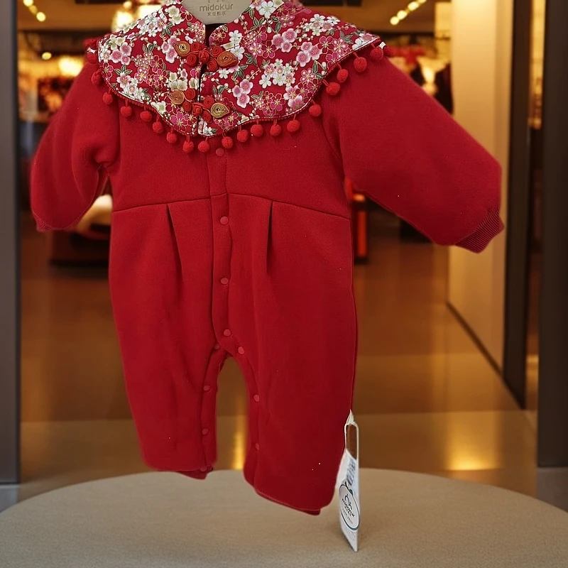 新年款婴儿连体衣大红色喜庆新生儿爬服连体哈衣冬季宝宝服装