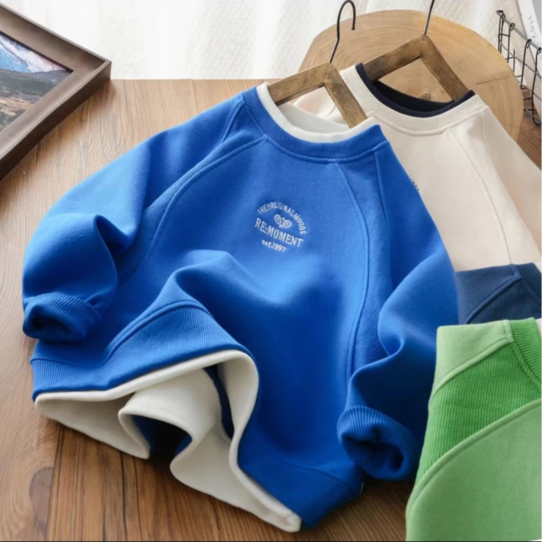 儿童圆领假两件卫衣2025春秋中大童休闲立体拼接长袖上衣男童