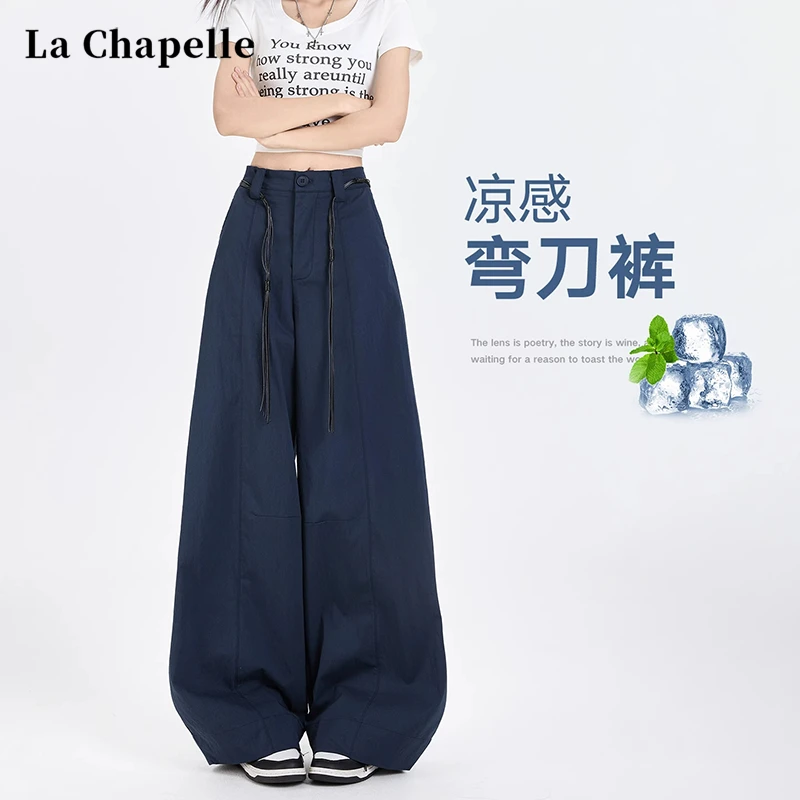 拉夏贝尔藏青色速干工装裤女2025新款高腰宽松显瘦美式阔腿弯刀裤