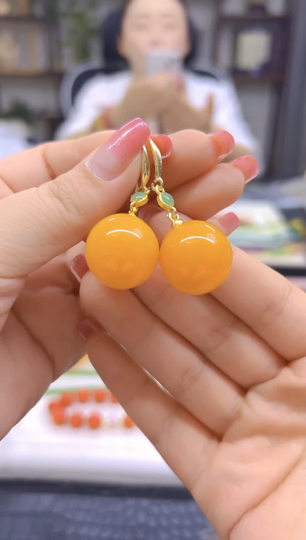 蜜蜡14K金镶嵌耳饰DIY款E893