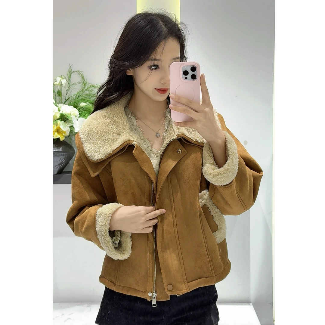 【格子家】皮毛一体娃娃领减龄抗寒保暖防风百搭显韩范儿1142