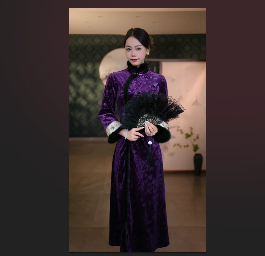 提花复古黑紫玫瑰花日常立领旗袍裙长袖优雅中国风冬季