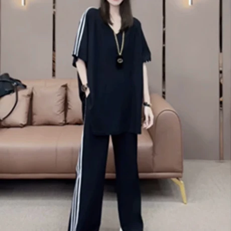 胖mm特大码300斤欧货时尚V领运动服套装女夏薄款宽松阔腿裤两件套