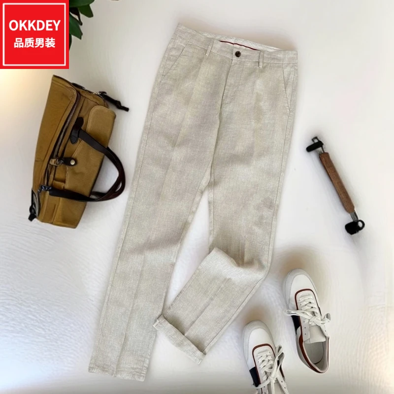 潮流轻奢男士直筒休闲裤子高级感痞帅男装商务亚麻西裤慵懒风长裤