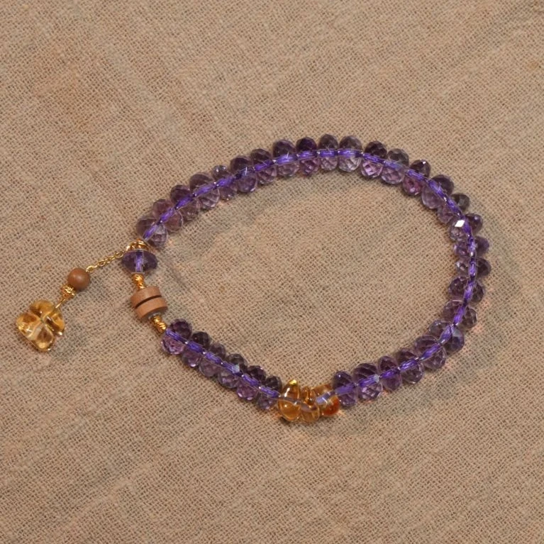 【鸢尾花】算盘珠紫水晶 +印度老山檀药片珠+随型黄水晶 设计款
