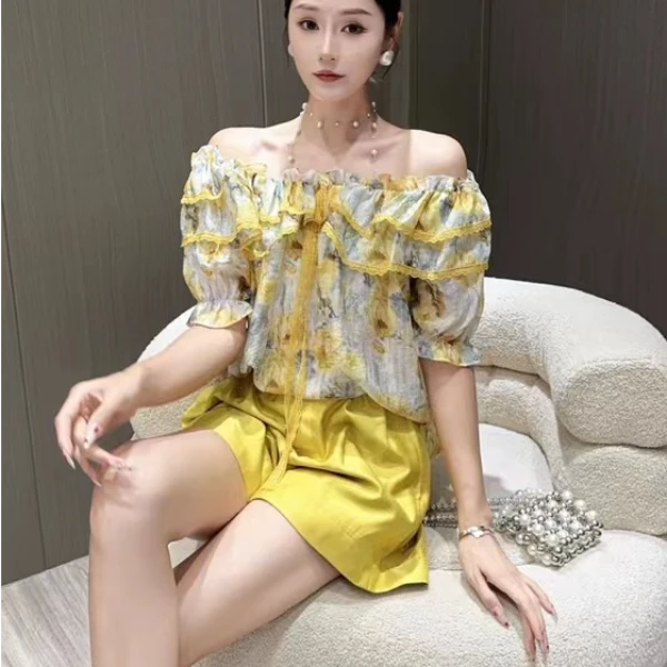淑雅阁服饰  夏季法式甜美荷叶边宽松一字肩碎花衬衫时尚洋气6290