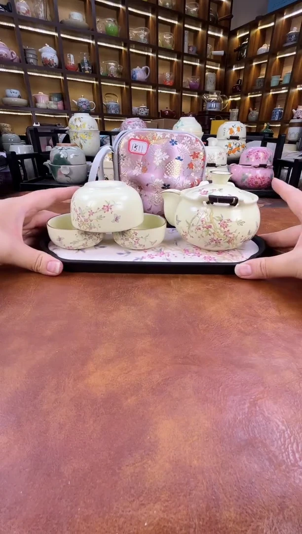 瓷片桃花1壶3杯宝瓶旅行+长方桃花盘