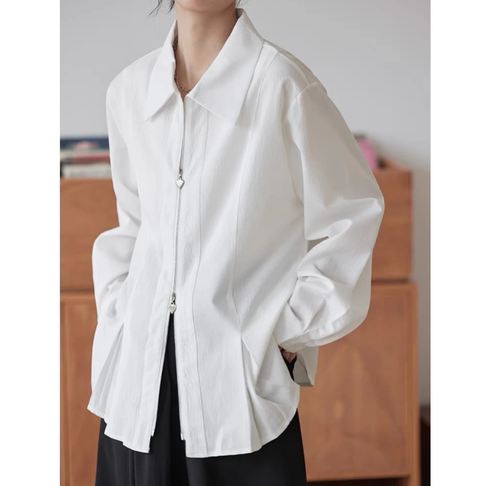 9365双拉链白色衬衫2025春季新款宽松小众设计感褶皱肌理感衬衣