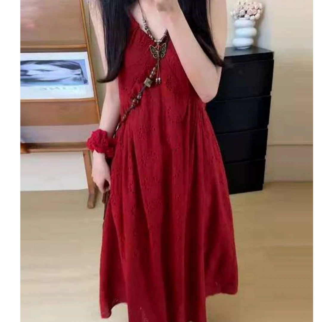 2025韩版红色吊带裙夏季V领宽松高腰纯色连衣甜美百搭时尚裙女