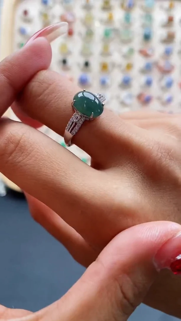 【闪购商品】翡翠戒指银S925镶嵌缅甸天然A货翡翠222 4+10