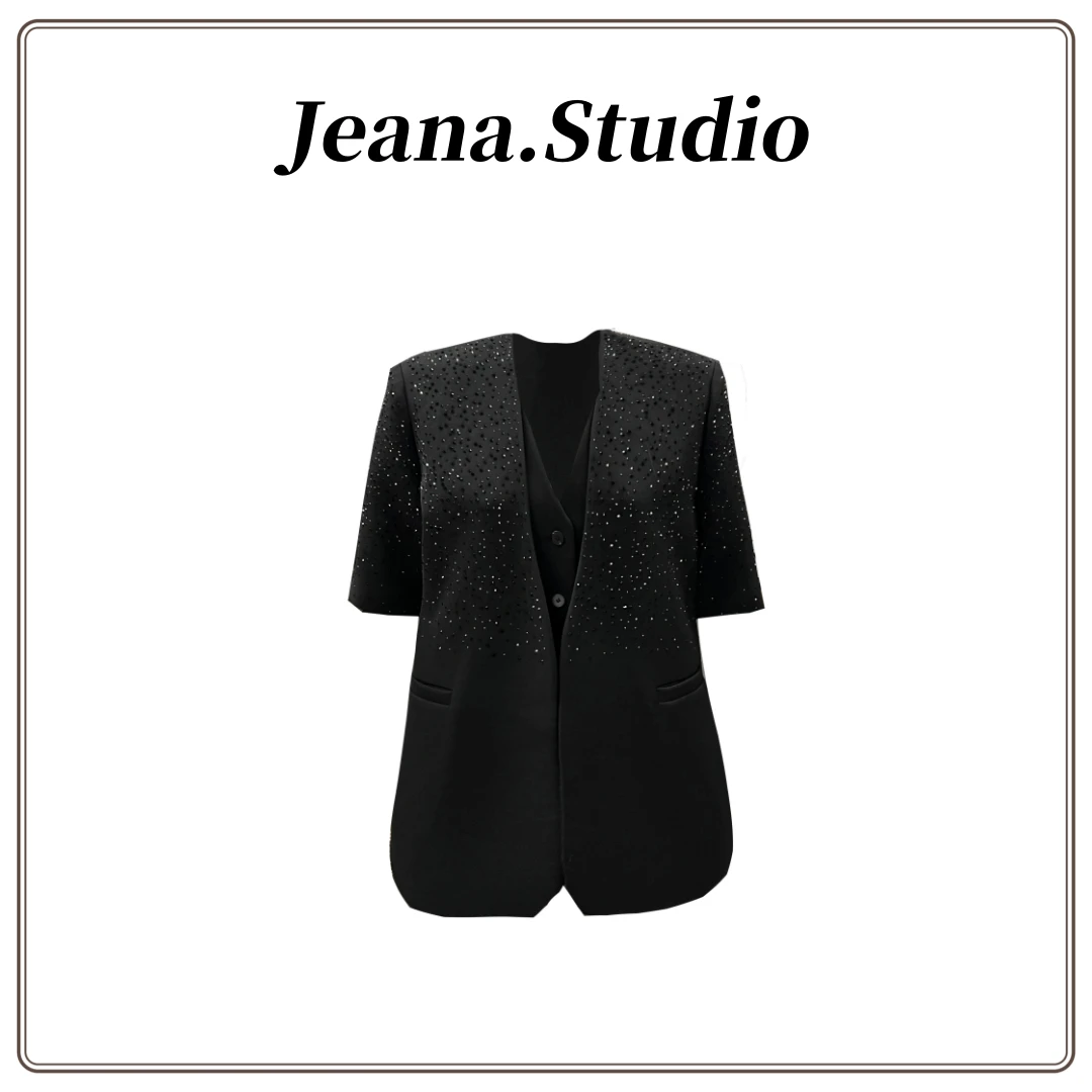 【Jeana.Studio】原创设计半钻烫钻假两件马甲短袖西装外套