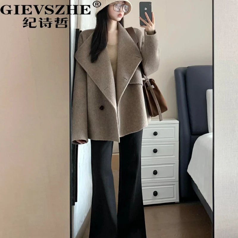 纪诗哲双面羊绒时尚大衣女2025冬季加厚小个子韩系翻领毛呢短外套