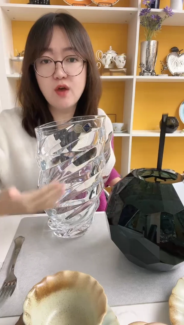 捷克 水晶花瓶 斜口