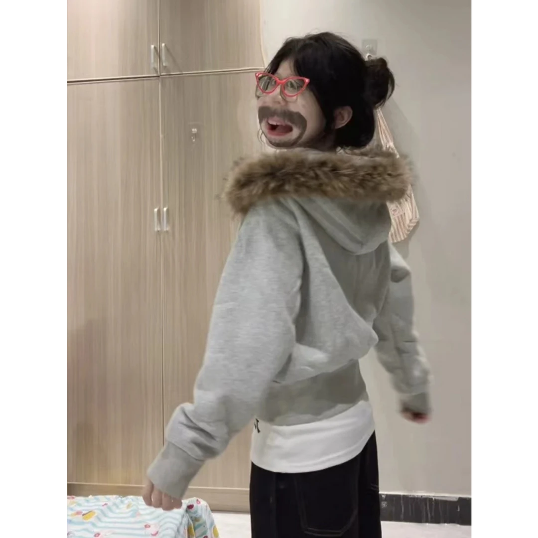 灰色修身毛领厚外套秋加绒短款秋冬秋季女穿搭收腰卫衣韩系连帽冬