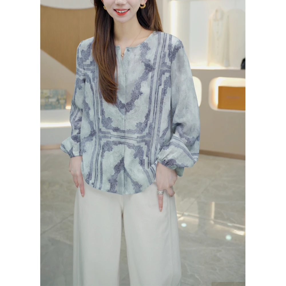 时尚简约气质显瘦上衣2025夏季新款休闲印花双绉衬衫上衣小衫