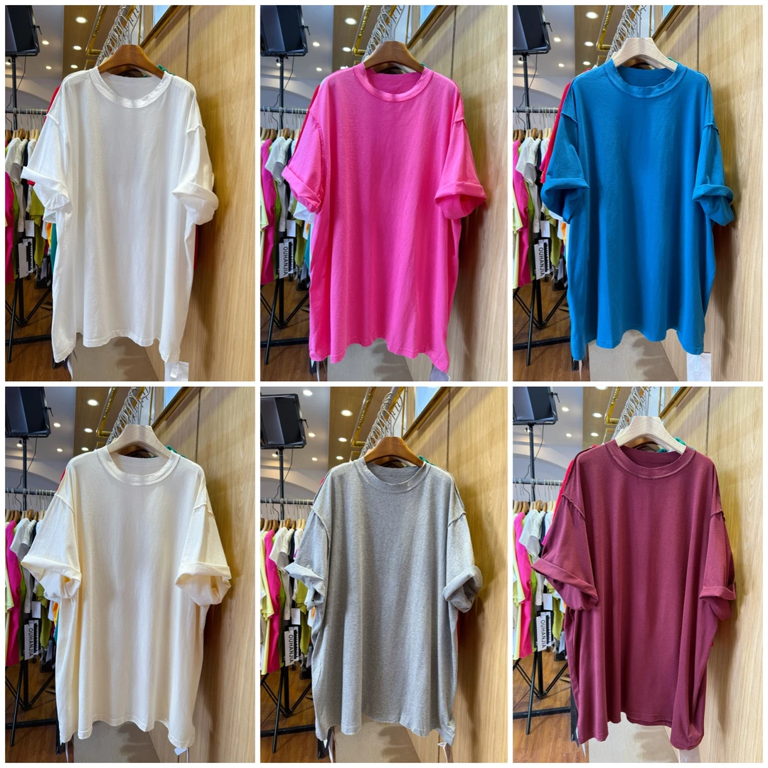 韩版夏季新款磨破圆领短袖T恤女中长款纯色宽松大版外车边半袖潮T