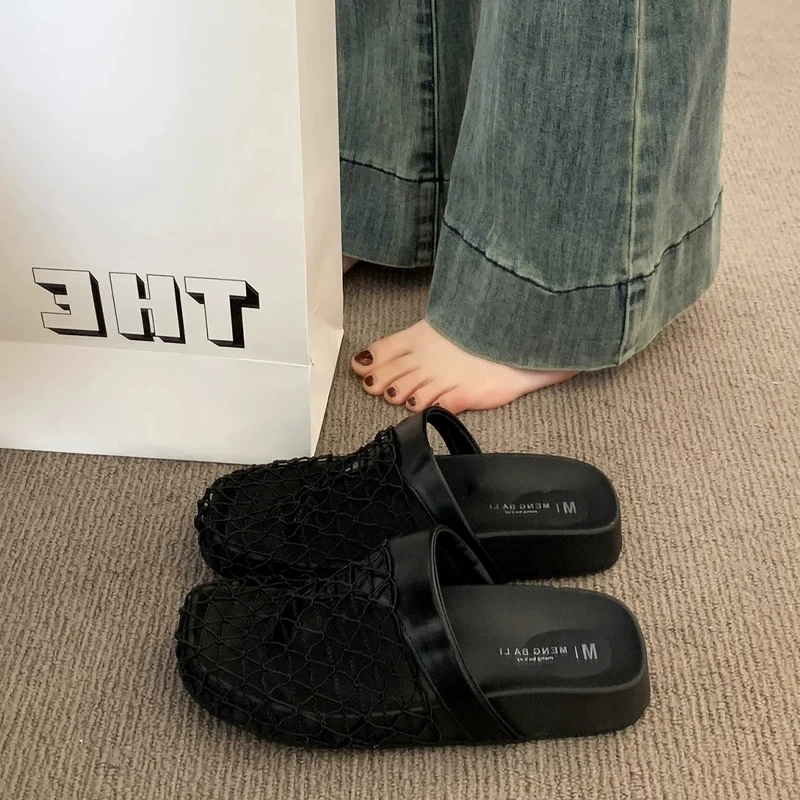 厚底渔网镂空时尚外穿夏季黑色网面包头拖鞋306(网面包头拖)