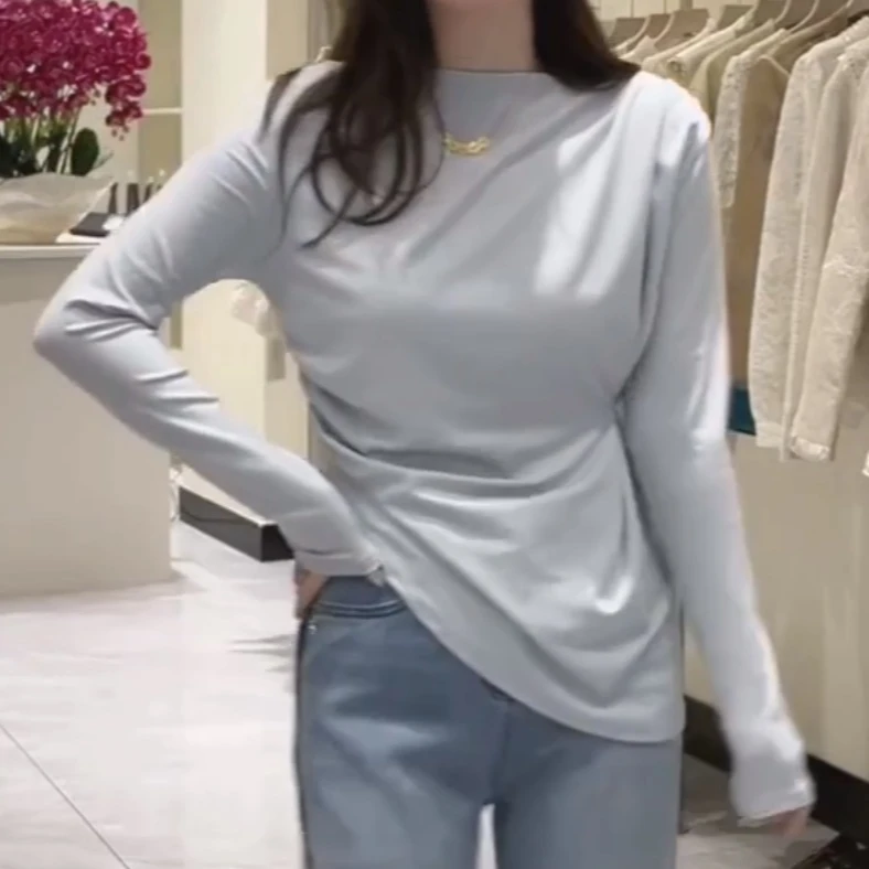 春季纯欲设计感圆领时尚百搭修身一字肩纯色长袖T恤不规则上衣