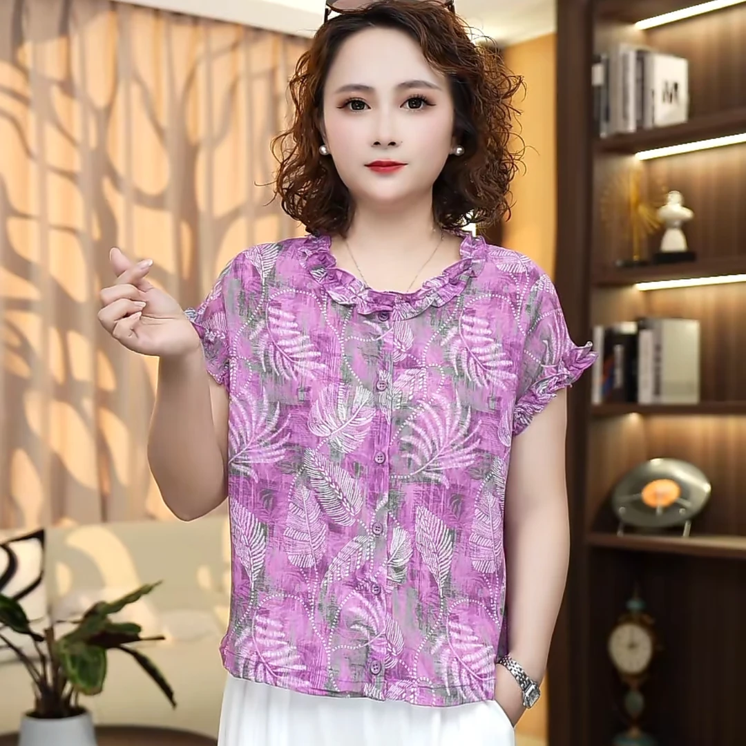 OMYR1020 T恤夏季圆领百搭时尚宽松型法式夏装印染显瘦上衣女