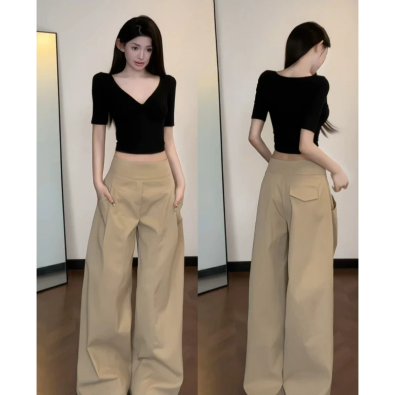 180高个子175加长慵懒风设计卡其色休闲裤女高腰宽松阔腿裤拖地裤