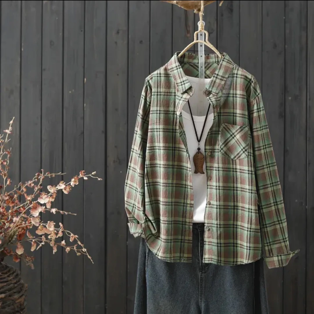 2025年新款文艺休闲长袖格子衬衫女外搭开衫薄外套女上衣7083-6