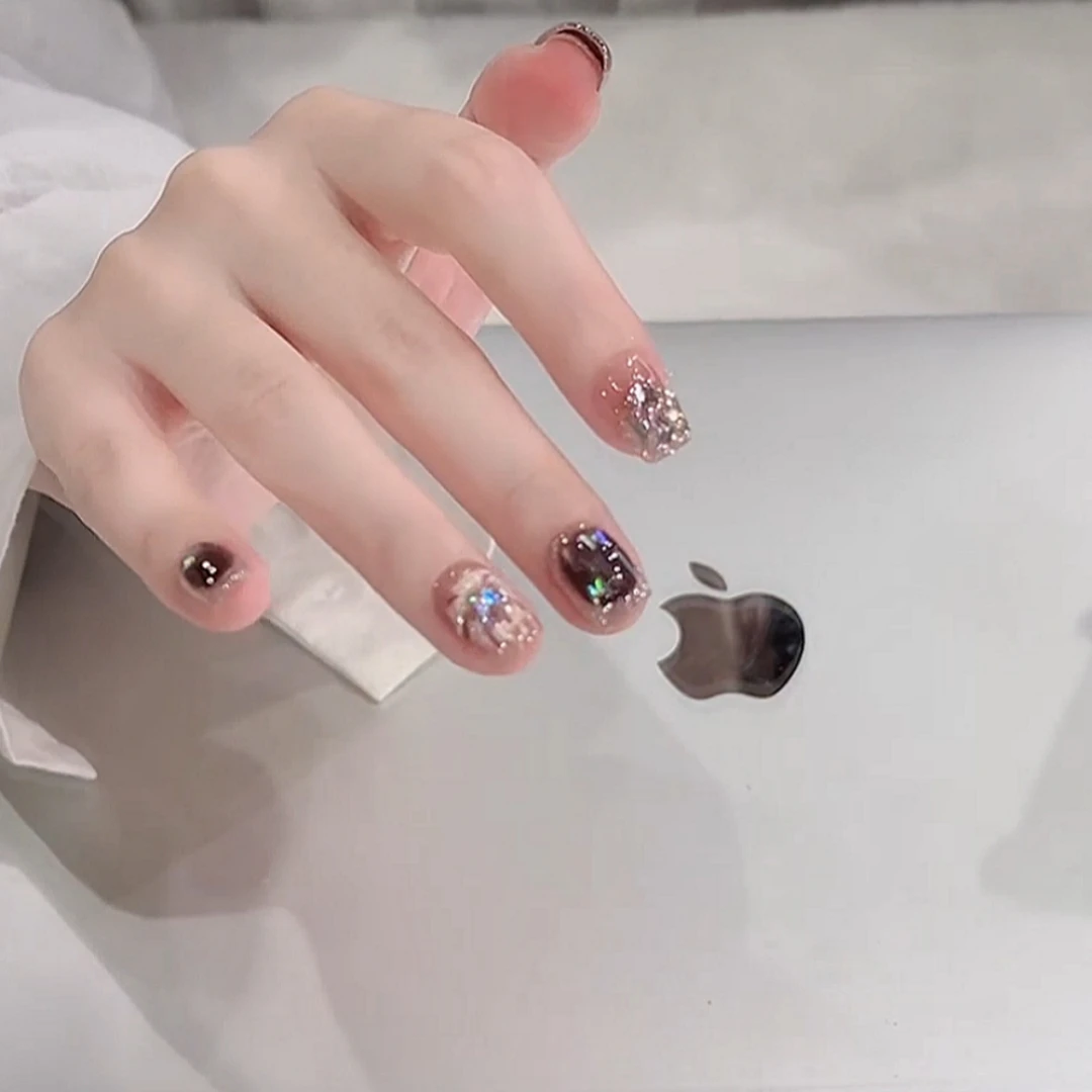 【紫金烟火】秋冬手工穿戴甲短款绚烂烟花紫色猫眼甲片显白穿戴美甲