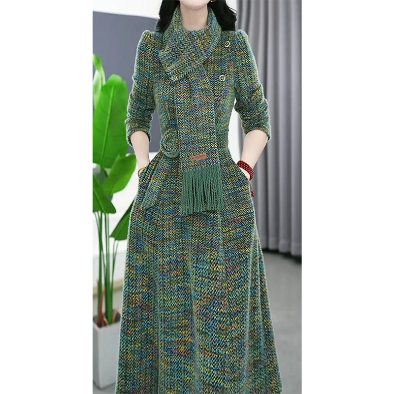 显瘦气质长袖洋气时尚复古中长款修身优雅连衣裙