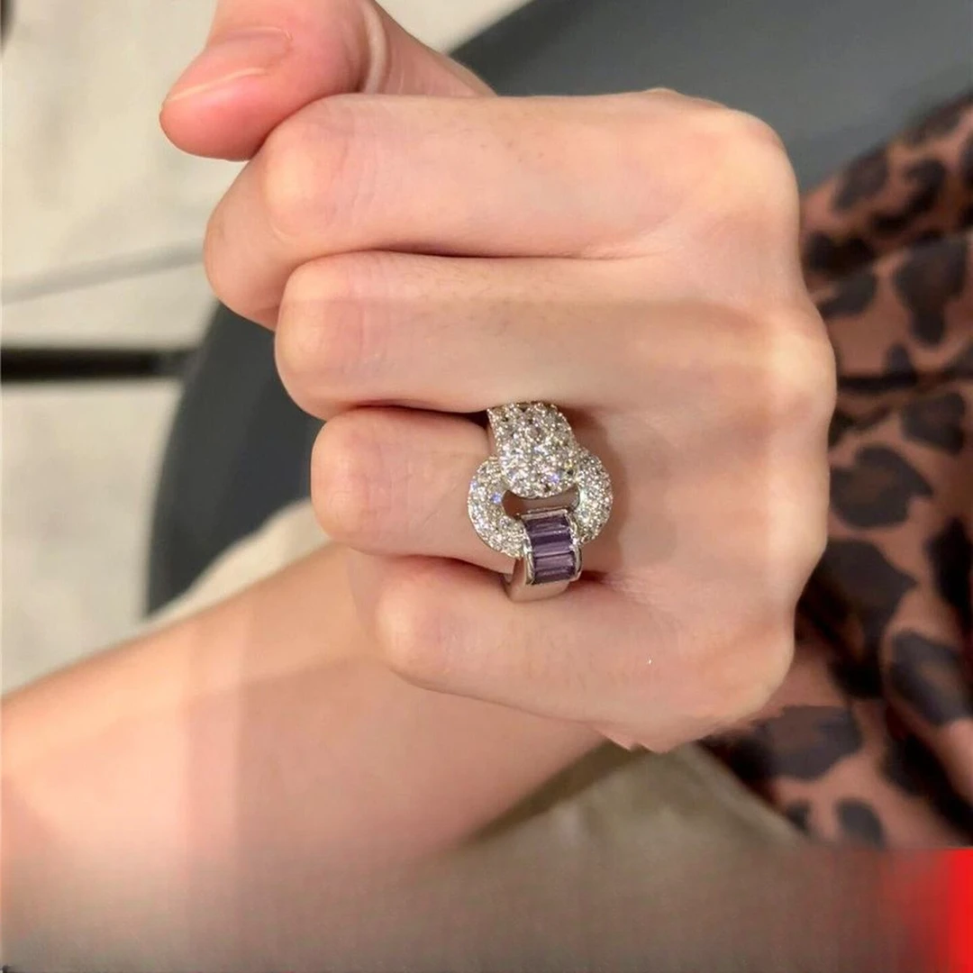 铜合金戒指 中古vintage紫色元宝扣戒指女款轻奢清冷高级感开口戒