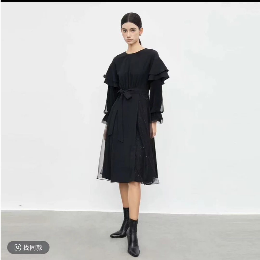 sdeer圣迪奥秋冬圆领收腰网纱荷叶边连衣裙S233Z12G6