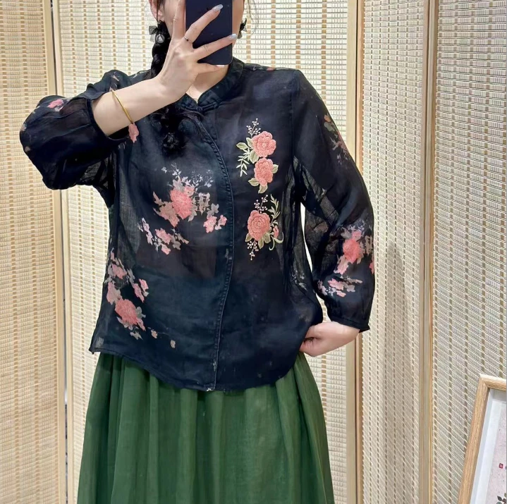 【梅姐】M701-M800复古苎麻印花上衣下播勿拍 每日更新小衫宽松麻衣