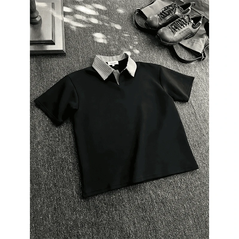 千鸟格空气层POLO衫男款短袖T恤夏季假两件五分半袖美式重磅体恤