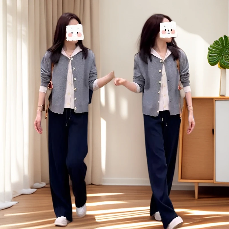 2025秋季新款设计感慵懒风撞色假两件连帽针织开衫女休闲裤两件套