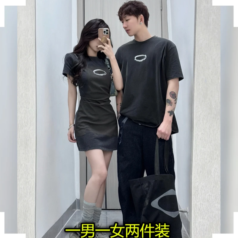 两件装情侣装高级感一裙一衣夏季miu系包臀连衣裙女休闲印花t恤男