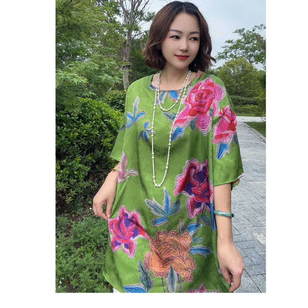 【3792大富大贵】绿黑杏新中式夏季圆领洋气宽松短袖上衣{非定位花}