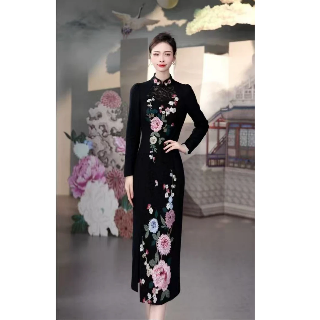 SUSSI/古色黑色立领新中式刺绣连衣裙旗袍裙