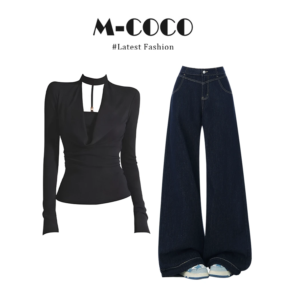 【同款优选】法式纯欲风假两件收腰显瘦黑色上衣直筒牛仔裤秋冬套装