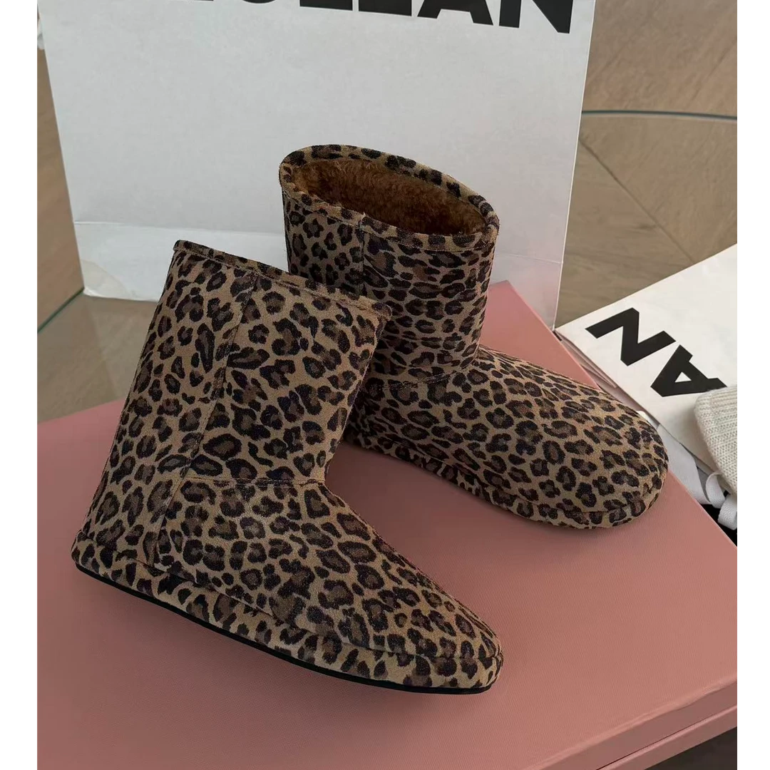 诗歌兰女靴时尚百搭平底豹纹雪地靴棉靴潮