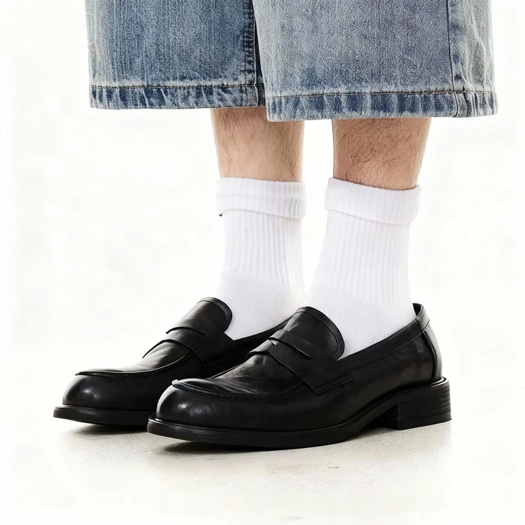 头层牛皮英伦乐福鞋水洗尖头低帮复古男单鞋休闲老钱德比cleanfit