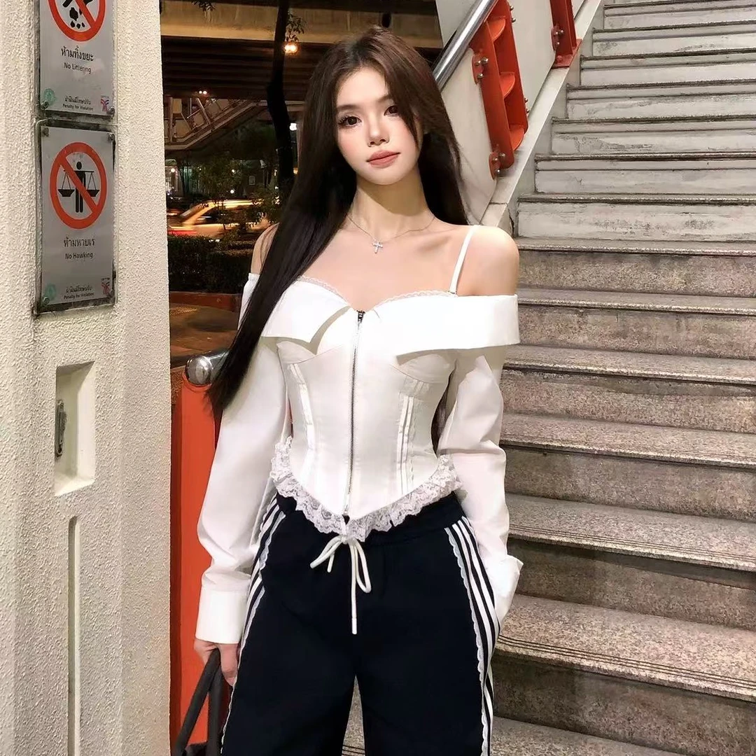 纯欲辣妹一字肩长袖衬衫女2025春季新款设计感修身性感拉链上衣