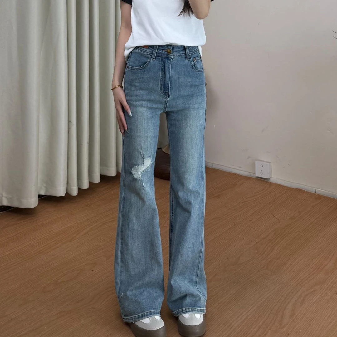 小静3132破洞小个子牛仔裤女微喇高腰显瘦春季显高显瘦九分喇叭裤