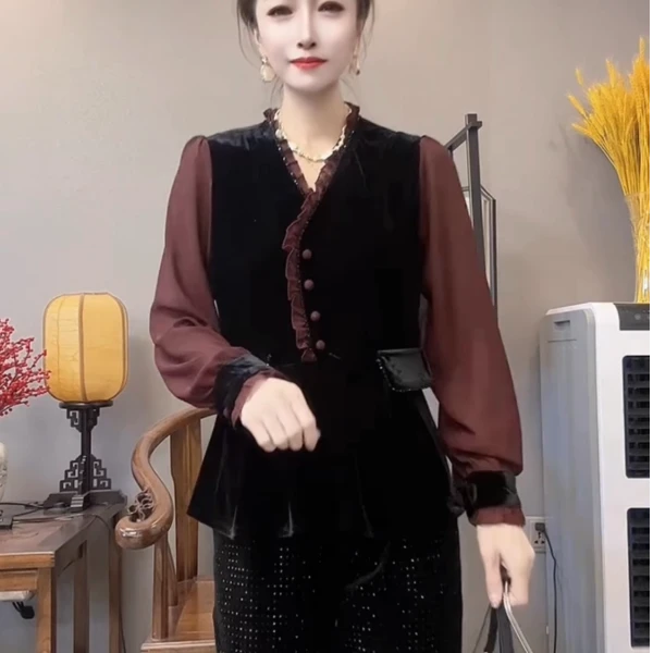 打底衫显瘦气质洋气时尚收腰金丝拼接雪纺假两件春秋长袖百搭复古