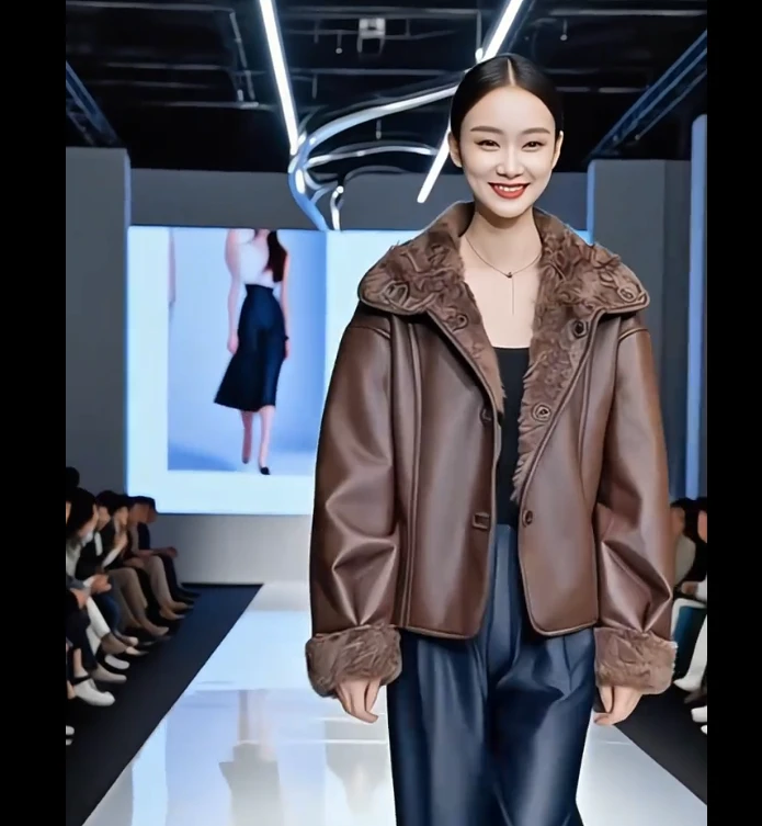 『2520』秋冬新款两面穿短款保暖翻领时尚百搭轻奢设计皮毛一体外套