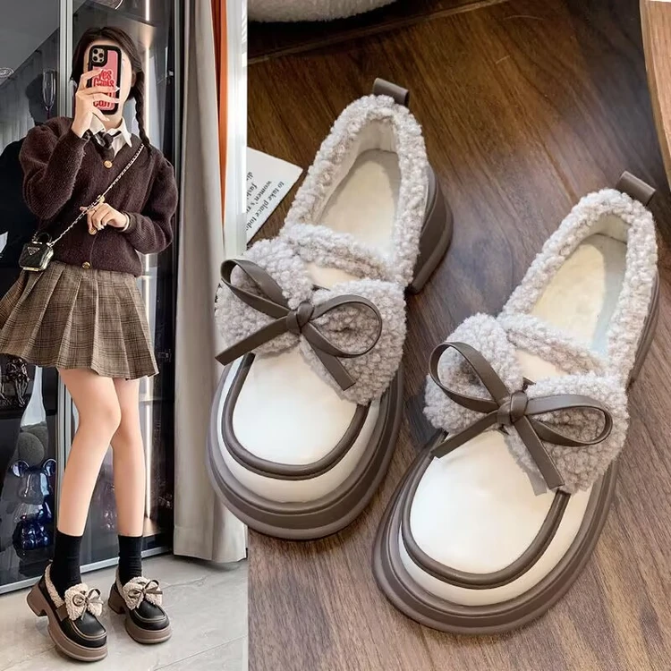 【万达撤柜】厚底棉鞋女2025冬新款蝴蝶结乐福鞋玛丽珍加绒小皮鞋