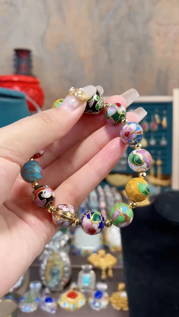 景泰蓝手串多宝1.2加金地加黑色心